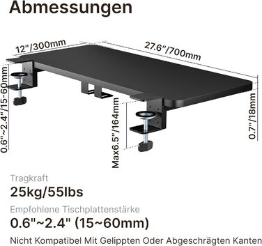 Підставка для ноутбука на стіл ергономічна, 700x300 мм, з підставкою для клавіатури та регульованою підлокітником, чорна | Розширювач столу для дому та офісу