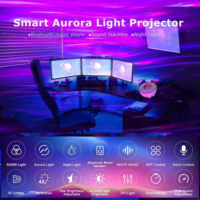 Проектор Aurora Starry Sky з музикою, нічним світлом і звуковою машиною, сумісний з Alexa (сірий)