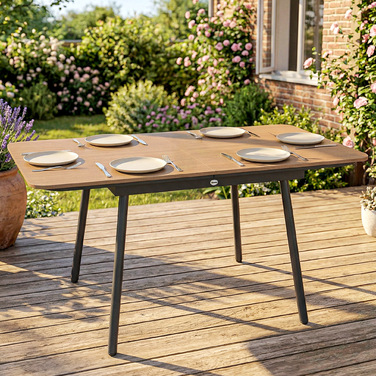 Садовий стіл 140 x 80 см на 6 осіб, стійкий до корозії, обідній стіл для вулиці зі стільницею з WPC, регульовані ніжки, колір тік