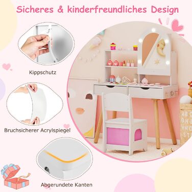 Детський туалетний столик COSTWAY 2-в-1 зі стільчиком та дзеркалом, з LED-підсвіткою, з шухлядами, для дівчаток 3-7 років, колір білий