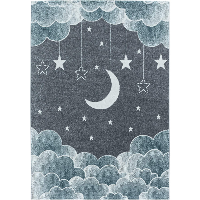 Дитячий килим HomebyHome з коротким ворсом у вигляді зоряного неба, Місяця, хмар, м'який дизайн для дитячої кімнати, Колір рожевий, Розмір (160x230 см, синій)