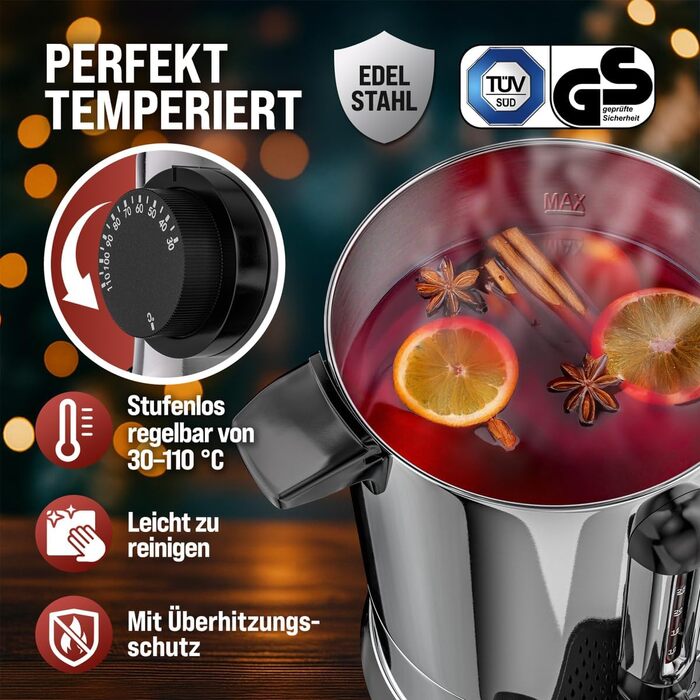 MONZANA Електричний нагрівач для глінтвейну 20 л з краном, термостатом 30-110°C, з нержавіючої сталі, на 90 чашок, для консервування, нагрівач пуншу, автомат для гарячих напоїв 20 л