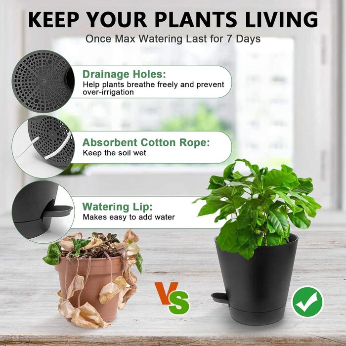 5 горщиків з пластику з системою поливу, 17.8/16.5/15.2/13.9/12.7 см. Самополивні горщики з підставкою, круглі, для квітів, сукулентів, кактусів, зелені та чорні, для дому, балкона та саду.