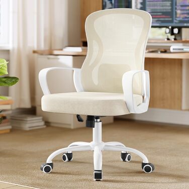 Офісний стілець SONGMICS ергономічний з підтримкою спини, обертовий, сітчастий, з підлокітниками, бежево-білий