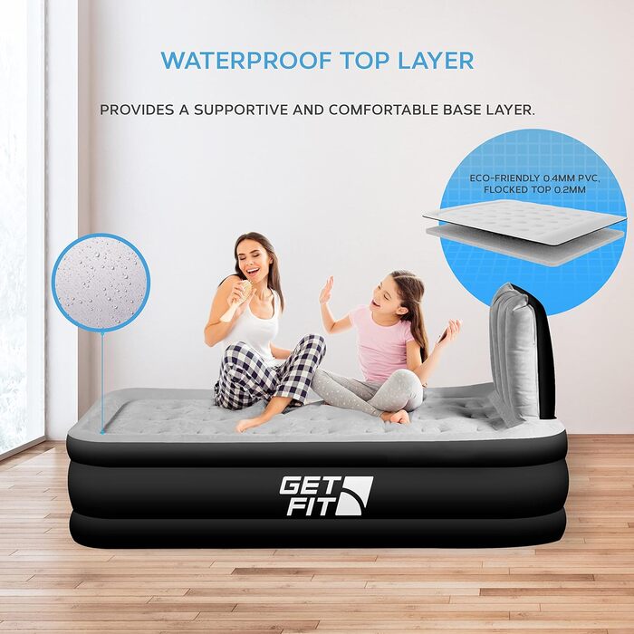 Надувне ліжко Get Fit з вбудованим електричним насосом - 99x196 см Premium Single Air Bed - Надувне ліжко з узголів'ям і безкоштовною надувною подушкою - Підняте надувне для кемпінгу односпальне - 99x196 см Чорний/Сірий