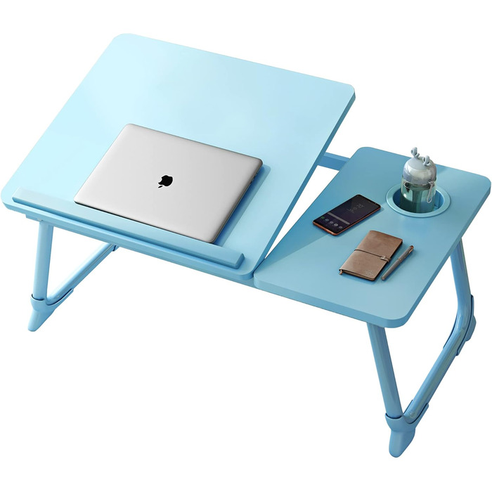 Стіл для ноутбука на ліжко з регульованими ніжками та тримачем для чашки, підставка для читання, стіл для сніданку на диван, ліжко, терасу, балкон (Білий, Синій)