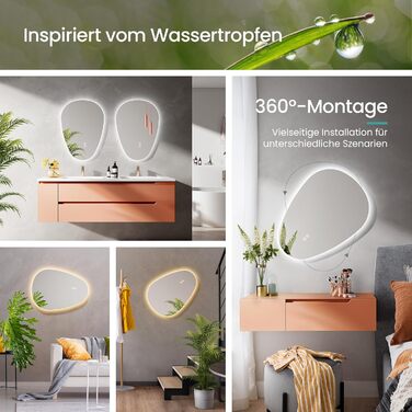 Дзеркало для ванної кімнати EMKE з підсвічуванням 80x60 см, з полицею, антизапар, регульоване холодне біле світло 6500K, сенсорне управління, функція пам'яті, асиметричне дзеркало для ванної кімнати (70L x 50B см)