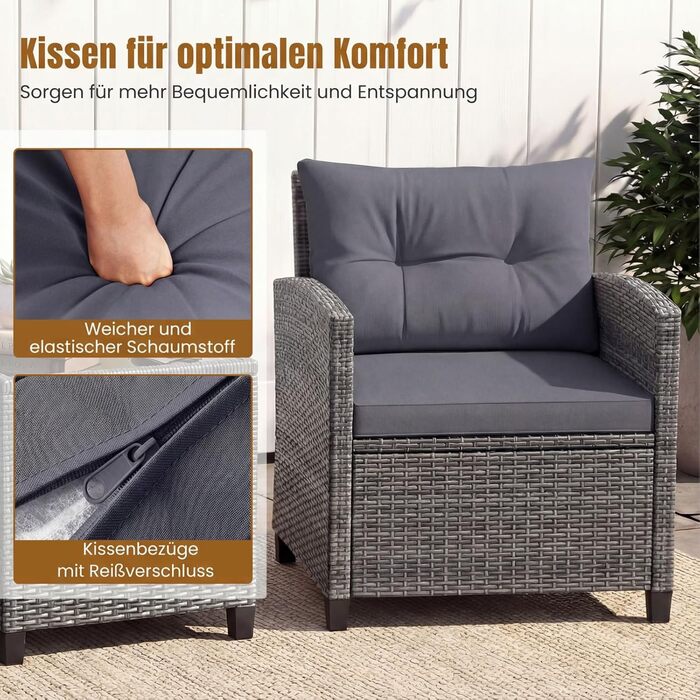Садовий набір меблів COSTWAY з ротангу, 3 предмети: 2 крісла, стіл із загартованим склом, подушки. Меблі для балкона та тераси на 2 особи, сірий