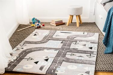 Килим Qiyano для дитячої кімнати Ігровий килимок з космічною ракетою і зірками Ігровий килимок контурне вирізання 3-D оптики, мотив ракета, колір сірий, розмір (80 х 150 см, Grau200)