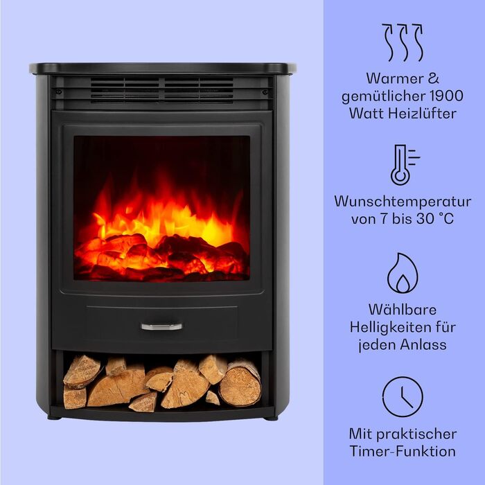 Електрокамін Klarstein Bormio S Smart, 1900 Вт, електричний обігрівач для вітальні, LED-імітація полум'я, з термостатом, таймером і пультом, чорний