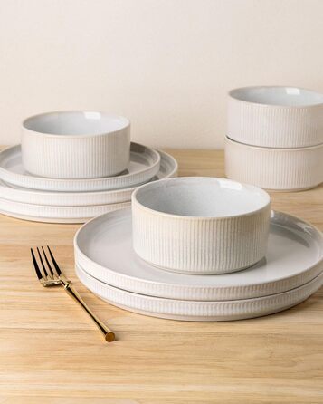 Набір посуду GBhome з каменю, 12 предметів, для 4 осіб, ручна робота, реактивна глазур, безпечний для мікрохвильової печі та посудомийної машини, включає тарілки та миски (Бежевий)