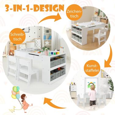 Дитячий стіл DREAMADE 3 в 1 з 2 стільцями, з відкидною кришкою та 2 тканинними ящиками, дитяча меблі для малювання та ігор, з місцем для зберігання (7 відділень), колір білий