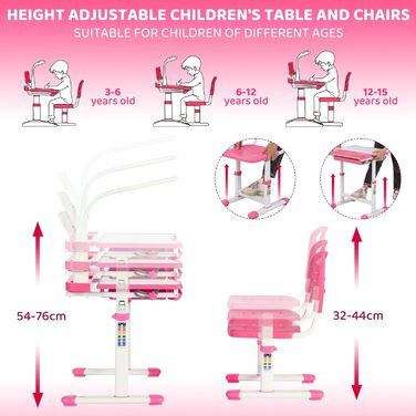 Набір столів і стільців Clevich з регулюванням висоти, дитячий стілець з лампою, молодіжний стіл Дитячий багатофункціональний студентський стіл зі стільцем і ящиком підставок для читання (рожевий)