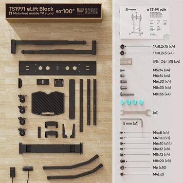 ONKRON Телевізійна тумба на колесах для телевізорів 50-100 дюймів, електрична, з підйомом, max 130 кг, VESA 1000x600, чорна TS1991E-B