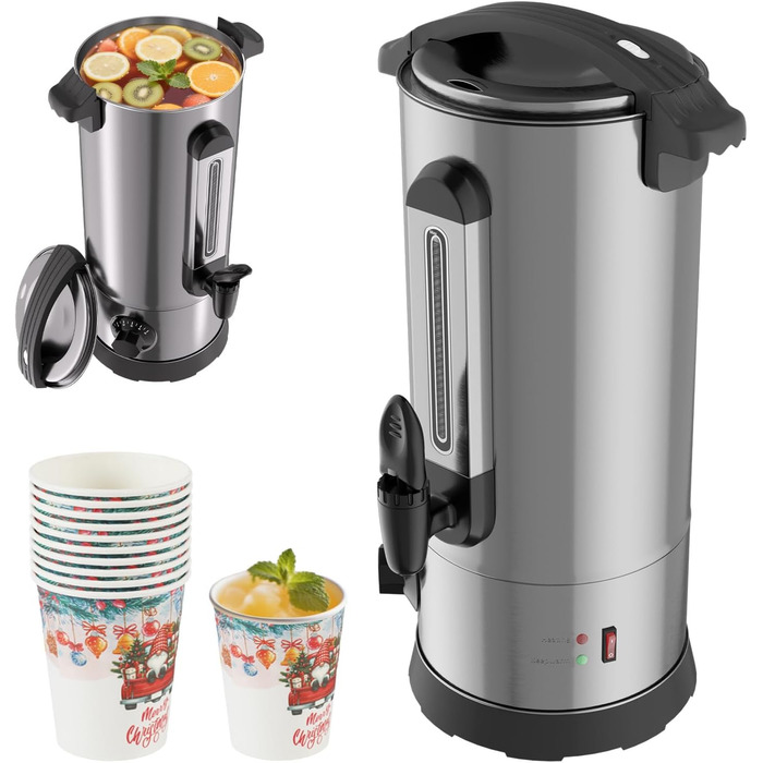 Глювайновий нагрівач з 10 чашками | 1500W, нержавіюча сталь, термостат 30–110°C, функція підігріву та кран | Глювайновий автомат для вечірок (10L, срібний)