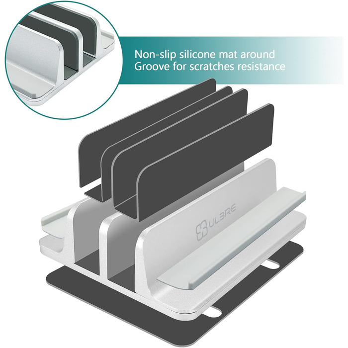 Вертикальна підставка для ноутбука Metal з 4 слотами, регульована, для MacBook, HP, Chromebook (до 44.5 см) – срібна
