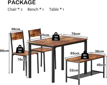 Обідній комплект Soges обідній стіл на 4 особи, 2 стільці, лавка з полицею, ретро дизайн, 110см, меблі-гніздо