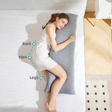 Подушка для сну на боці 39 x 137 см. Довга подушка для тих, хто спить на боці, з подрібненою піною з пам'яті. Вагітна подушка, подушка-обійми з віскоеластичної піни. Знімний чохол, регульована наповнюваність.