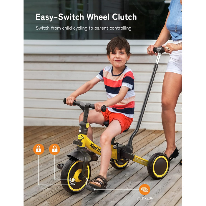 Бесрей 5-в-1 Дитячий Біговел, Триколісний Велосипед для Малюків 1-4 Років (Жовтий з Ручкою)