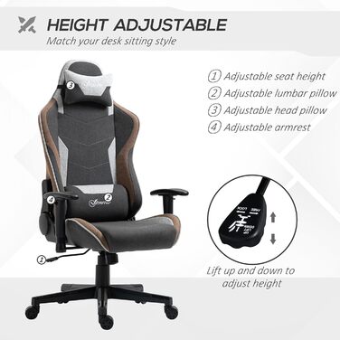 Крісло ігрове Vinsetto Ergonomic з регулюванням висоти, підголівником та підтримкою попереку, сірий