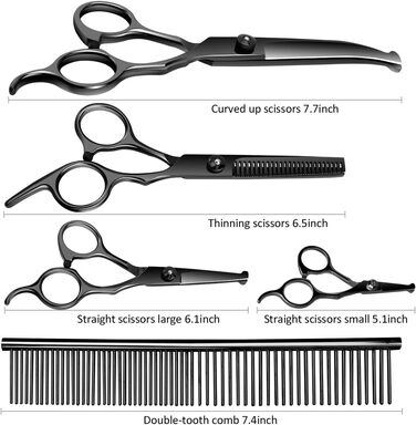Професійний набір для догляду за домашніми тваринами з 5 предметів спеціально розроблений для кішок і собак, включає в себе прямі ножиці, проріджуючі ножиці, захисні ножиці з круглою головкою, вигнуті ножиці і гребінець фіолетового (сірого) кольору.