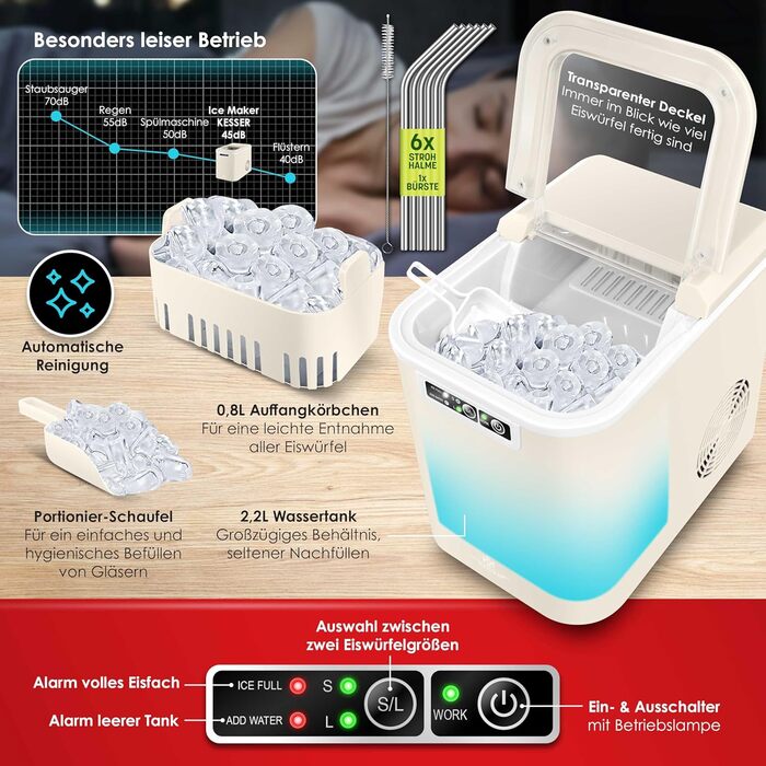 Машина для приготування льоду KESSER® з нержавіючої сталі, 12 кг/24 год, LED-дисплей, самоочищення, 2 розміри кубиків льоду, 2.2 л резервуар