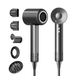 Фен для волосся з дифузором та 5 насадками для стайлінгу, іонізація, безщітковий мотор 1600 Вт, низький рівень шуму, сірий