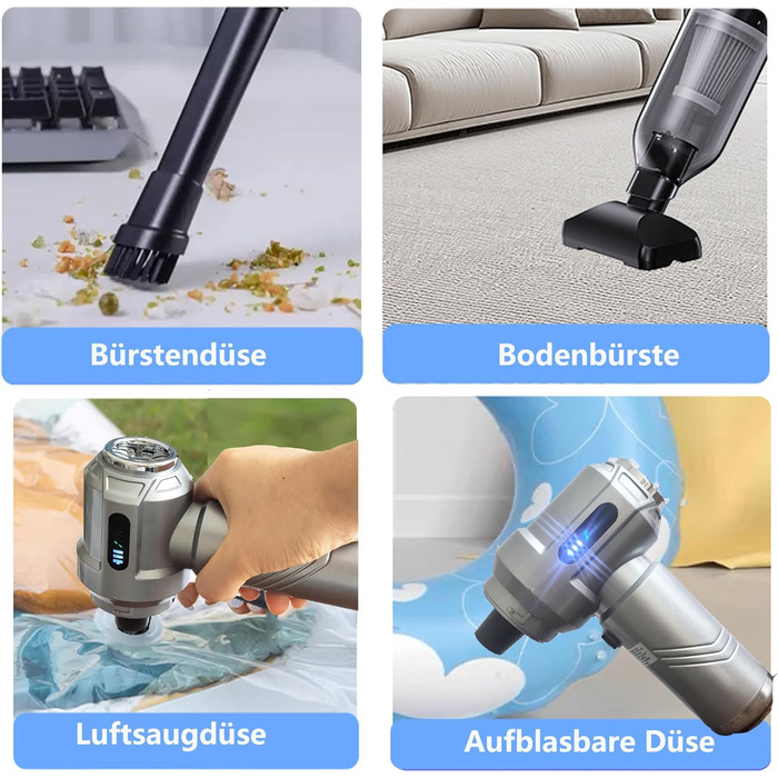 Акумуляторний ручний пилосос 4-в-1 (22000Па), бездротовий електричний пилосос та повітродувка для авто, дому, кухні та шерсті тварин, 3 режими, сріблястий