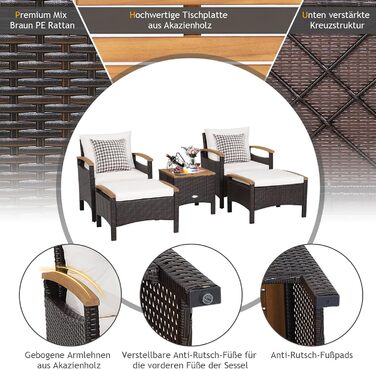 Набір садових меблів GIANTEX 5 предметів: 2 крісла, 2 пуфи та столик - ротанг, кремово-білий колір, для саду та балкону