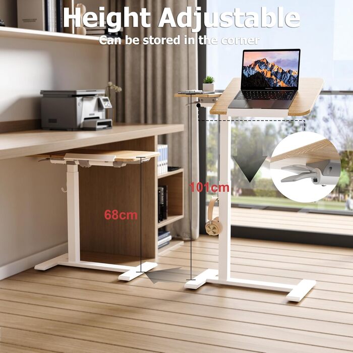 Регульований столик для ноутбука ETHU: мобільний, багатофункціональний, з нахиленою поверхнею, на колесах, для офісу та дому (дуб, коричневий)