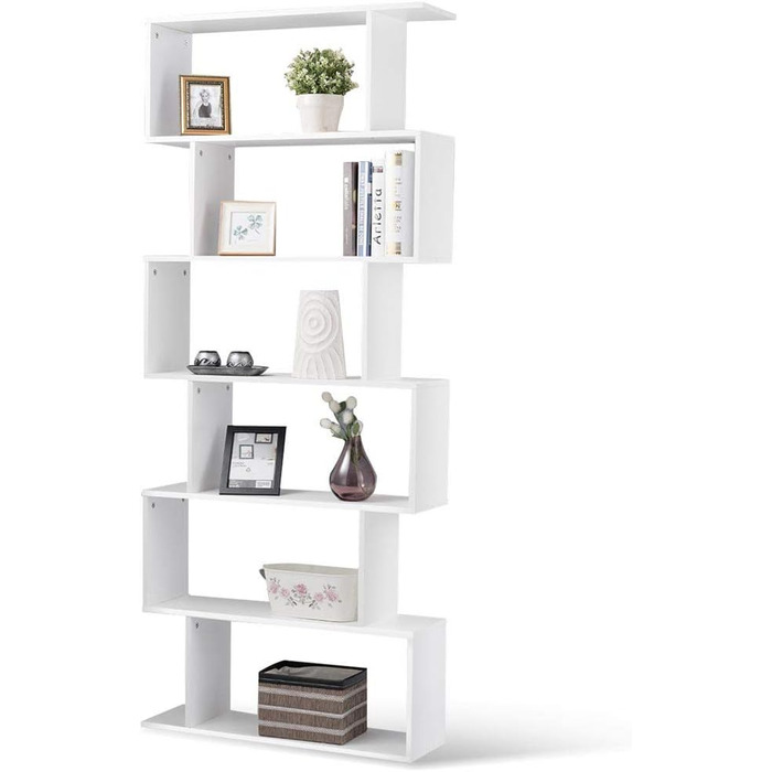 Дерев'яна книжкова шафа BAKAJI з 6 полицями, зигзаг сучасного дизайну для вітальні, вітальні, дому чи офісу, розмір 80 x 24 x 190 см (білий)