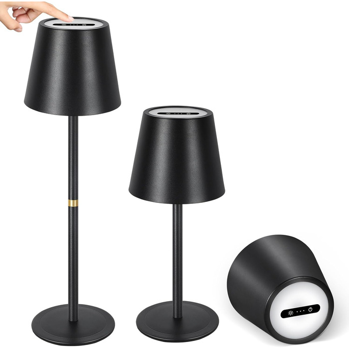 LED-лампа настільна OUTON 2 шт. бездротова з LED-індикатором, сенсорне керування, 3 колірні температури, USB-C зарядка, IP54 водостійкість, 30 годин роботи – для дому та на подарунок, чорний