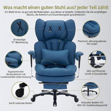 Офісний стілець Efomao X-Stickerei для дому та офісу, шкіряний (PU), з регульованою спинкою, підставкою для ніг та підтримкою попереку, витримує до 200 кг, чорний