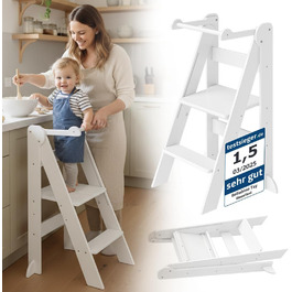 Bellabino Tay – Навчальний столик-лесенка для дітей від 1 року, білий, регульований, з захистом від перекидання, Монтессорі, з берези