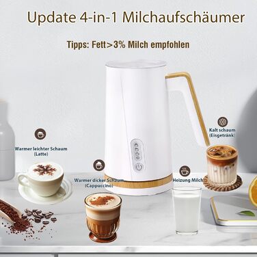 Електричний спінювач молока 4-в-1 – спінювач молока, нагрівач молока, білий