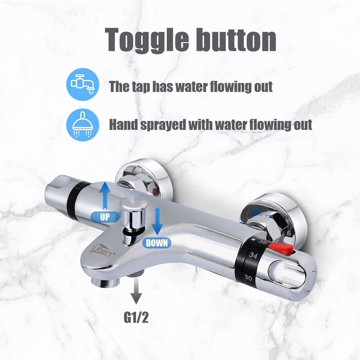 Змішувач для ванни з термостатом Uten, 2 виходи, латунь, захист 38°C