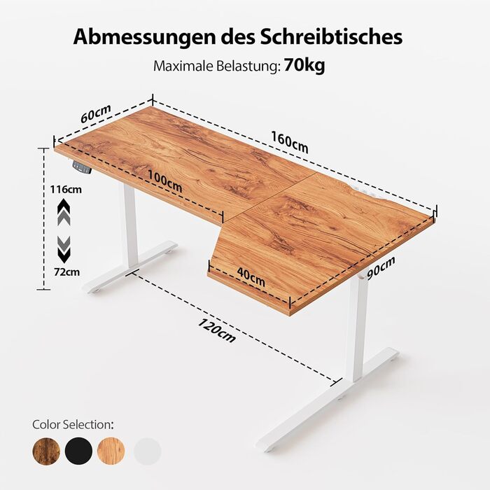 Електричний стоячий стіл Agilestic L-подібний, 160 см, регульована висота, для дому та офісу, ергономічний, з роздільною панеллю, білий (світло-коричневий, 160 x 90 см)