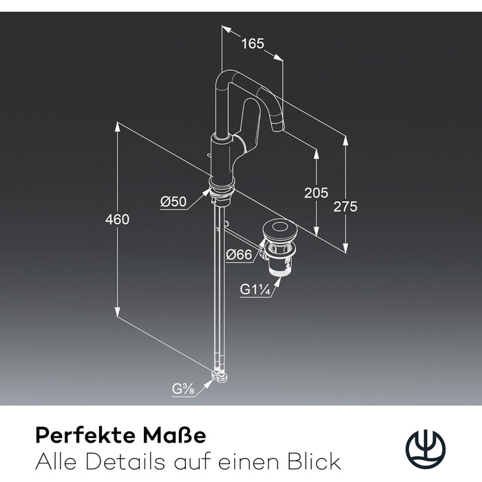 Змішувач для умивальника KLUDI-X1 з витяжною системою, поворотний на 360°, висота виливу 205 мм, водозберігаючий, розмір L, з підключенням, хром, з комплектом для зливу, хром