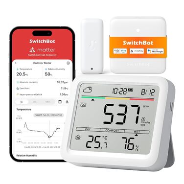 SwitchBot Датчик CO2 з термометром та гігрометром, вимірювач якості повітря з сигналом тривоги, Bluetooth, 2 роки даних, потрібен хаб (комбо)