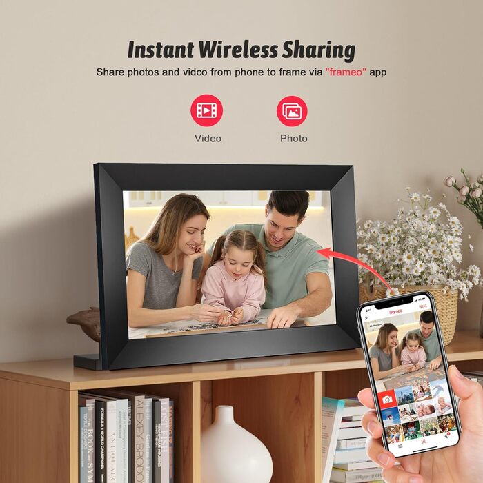 Цифровий фоторамка 10.1 дюйма з Wi-Fi, IPS-екраном та 32GB пам'яті | Frameo App, дистанційне керування зі смартфона, календар, погода