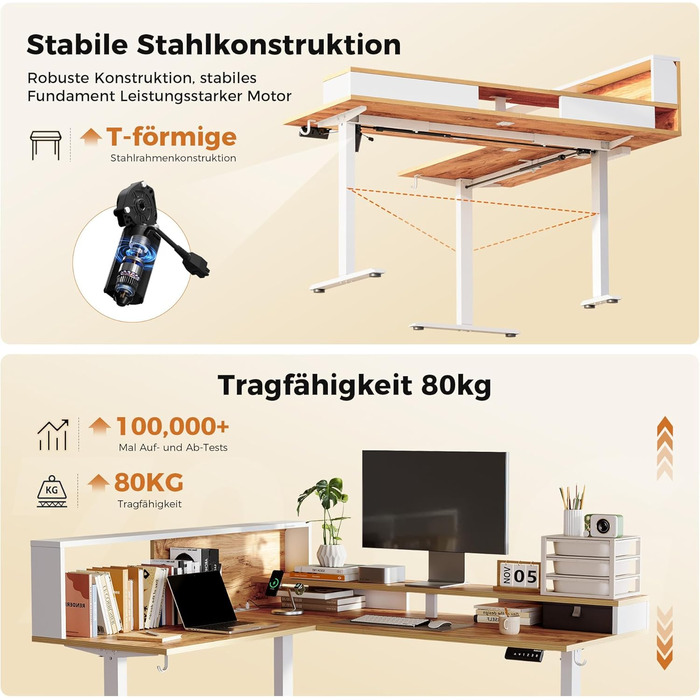 Регульований кутовий стіл Agilestic 160x140 см з LED та розеткою (світло-коричневий)