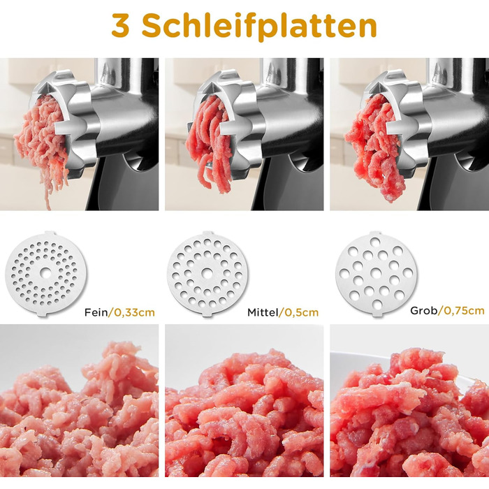Електрична м'ясорубка Aobosi 3-в-1, 3000 Вт, з пластинами з нержавіючої сталі, кубиками та трубками для начинки ковбаси