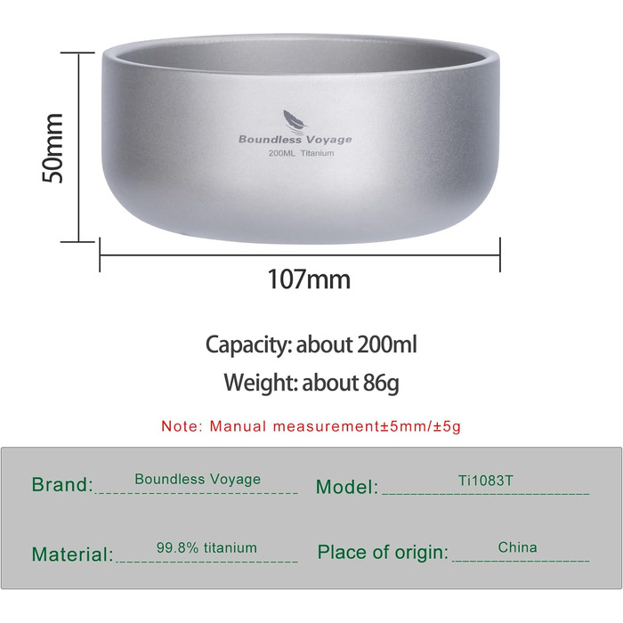 Безмежна дорожня титанова миска з подвійними стінками для дорослих Діти Відкритий кемпінговий посуд Титанова миска для рису (200 мл-TI15145B.)