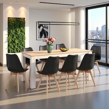 Обідній стіл з 6 стільцями, комплект для їдальні. Стіл прямокутний, 160 см, дуб/білий, 6 білих стільців. Підходить для вітальні, кухні, офісу.