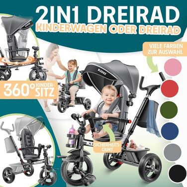 Дитячий триколісний велосипед KIDIZ 6-в-1: з ручкою, кошиком, сонцезахисним дахом, до 25 кг, сірий