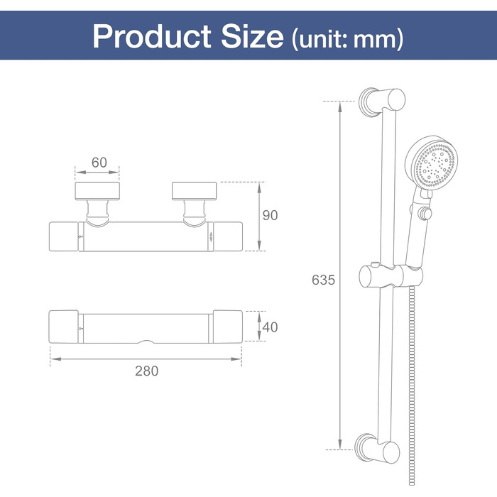 Змішувач для ванни з термостатом, накладний, хром, латунь, з кнопкою безпеки 38°C, для ванни, душ, термостат, водопровідний кран