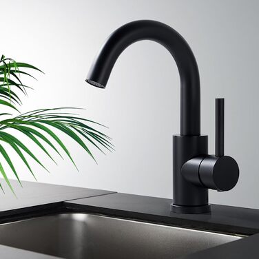 Змішувач для ванної кімнати/кухні 360° з нержавіючої сталі, одноlever, висота виливу 150 мм, чорний матовий, з щіткою Нікель