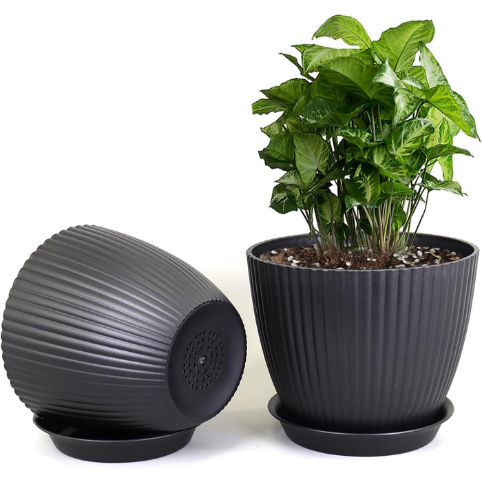 Набір горщиків для квітів з підставкою (8 шт.) 19/17.5/16.5/16/14/13/11.5/10 см, пластик, чорний, для дому та балкону