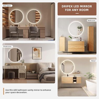 Дзеркало для ванної кімнати з LED підсвічуванням Dripex, сенсорне керування, регулювання яскравості, 3 кольори світла, антизапарник, 80x80 см (кругле)