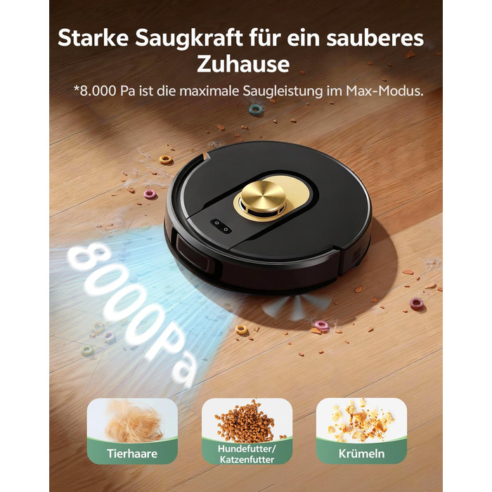 Робот-пилосос Vexilar з функцією миття підлоги, 8000Pa, LiDAR-навігація, 5 карт, 180 хв роботи, 50dB, керування через додаток та голосовий помічник, для твердих поверхонь та килимів, золотий